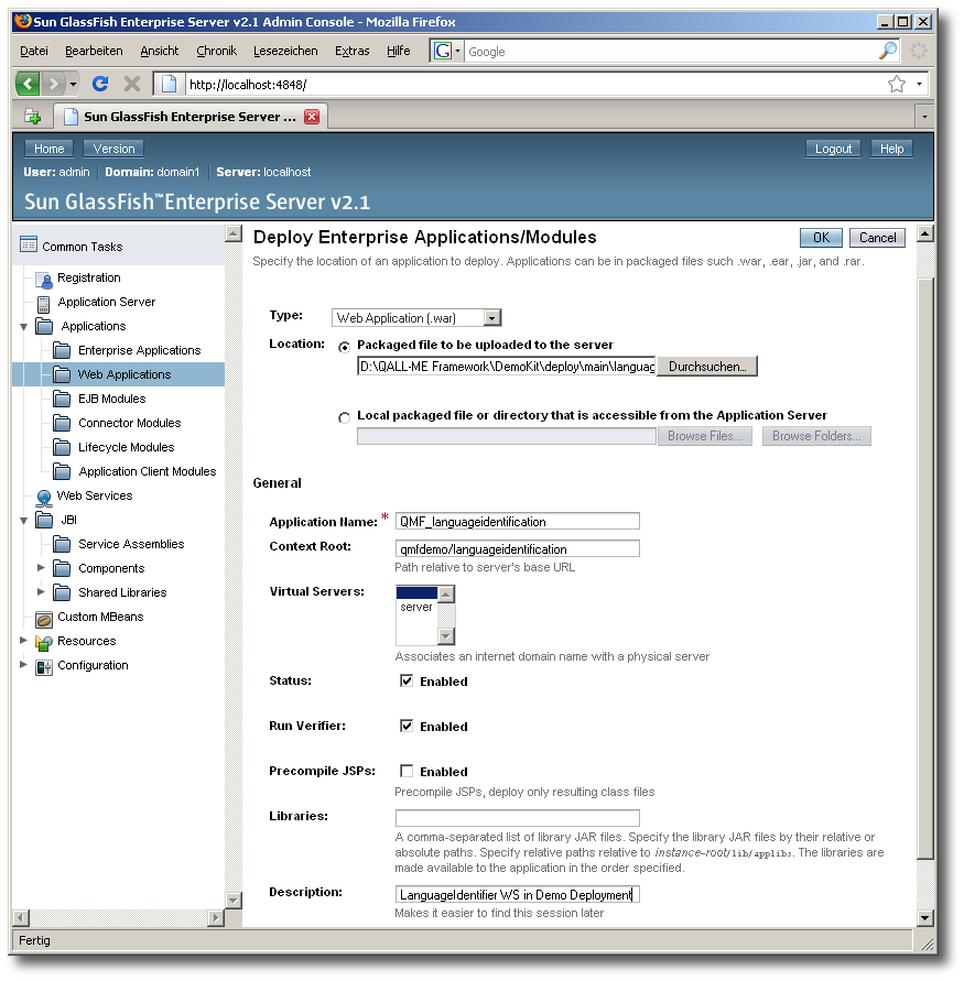 The GlassFish Deploy Enterprise Applications/Modules administration page filled in for the deployment of the WAR file of the LanguageIdentifier component.