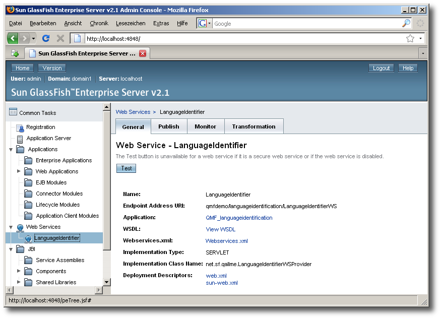 The new Web Service page in GlassFish for the WAR file we have just deployed for the LanguageIdentifier.