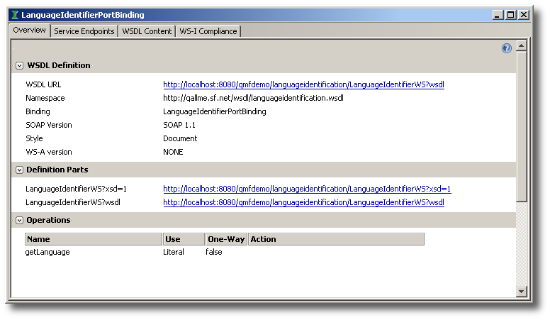 The LanguageIdentifierPortBinding client window can be used to find out the WSDL target namespace of the LanguageIdentifier WS implementations.