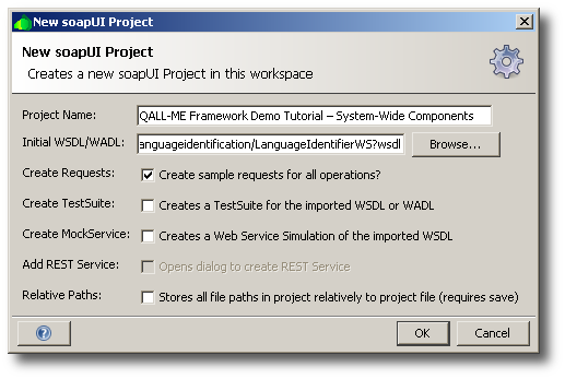 The New soapUI Project dialog filled in with the LanguageIdentifier WS’s WSDL URL as the first WS description to import.