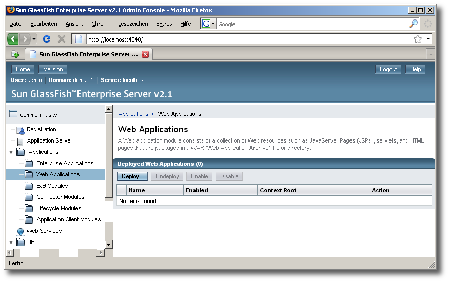 The GlassFish Web Applications administration page.